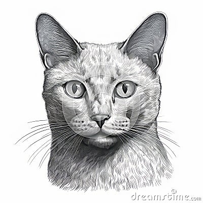 Realistic Black And White Cat Head Drawing - Detailed Character Illustration Cartoon Illustration