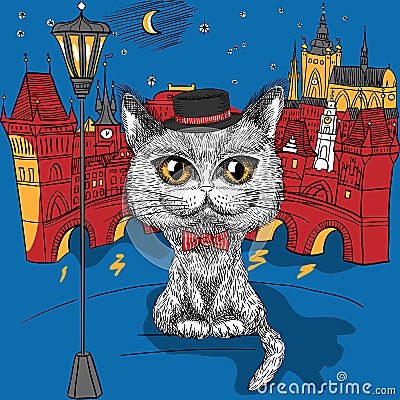 Cat in Prague, Prague Castle and Charles Bridge Vector Illustration
