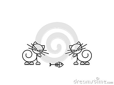 Cat Print. Funny kittens playing with a fish. Minimalist Art Vector Illustration