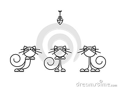 Cat Print. Funny kittens playing with a fish. Minimalist Art Vector Illustration