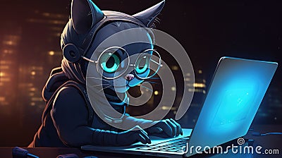 Cat programmer or gamer with computer. Generative AI Stock Photo