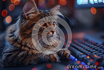 Cat programmer sits at the computer. Generative AI Stock Photo