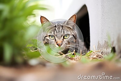 cat prowling near mouse hole in wall Stock Photo