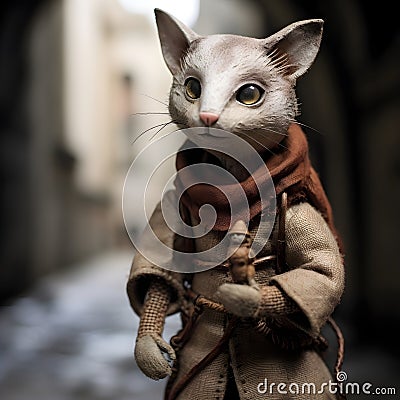 Cat Puppet in Medieval Attire Stock Photo