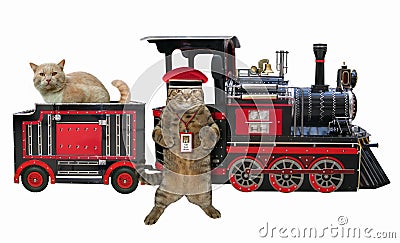 Cat railwayman near a train Stock Photo