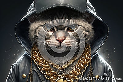 cat rapper boss in gangsta style with gold chains. Thug life concept. Generative AI illustration Cartoon Illustration