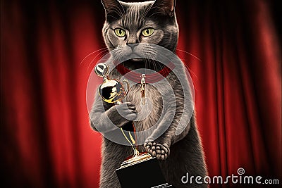 Cat on red carpet winning oscar award illustration generative ai Cartoon Illustration