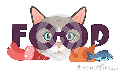 Cat requires food. Meal requirement of domestic animals. Kitten head with lettering. Cartoon hungry kitty. Feline Vector Illustration