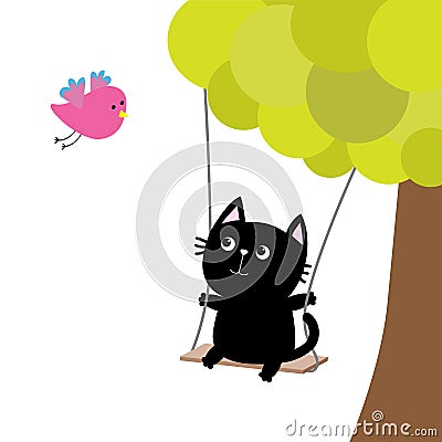 Cat ride on the swing. Green tree. Flying pink bird. Cute fat cartoon character. Kawaii baby pet collection. Love card. Flat desig Vector Illustration