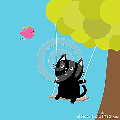 Cat ride on the swing. Green tree. Flying pink bird. Cute fat cartoon character. Kawaii baby pet collection. Love card. Flat desig Vector Illustration