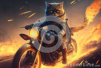 Cat rider on motorcycle, super hero biker riding with fire trail, generative AI Stock Photo