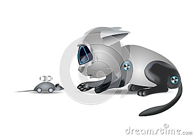 Cat robot and mouse, funny toy, on white background, illustration Cartoon Illustration