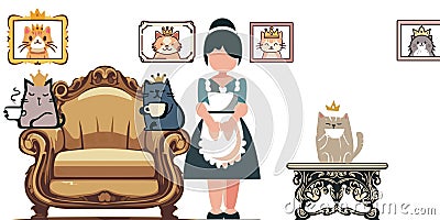 Cat royalty drink tea maid picture frames vector graphics illustration Cartoon Illustration