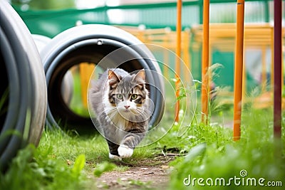 a cat running through a tunnel in a playpark Stock Photo