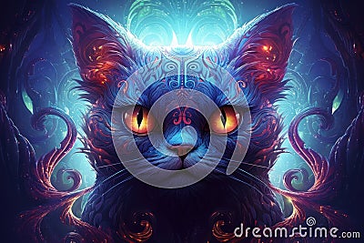 Cat's head in vibrant, deep colors. Mythical creature concept Stock Photo