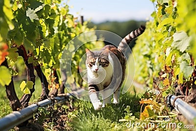 cat sauntering past wine barrels in a vineyard Stock Photo