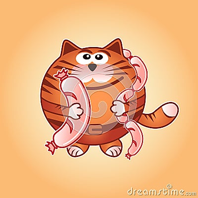 Fed happy smiling cat with sausages and frankfurter Vector Illustration