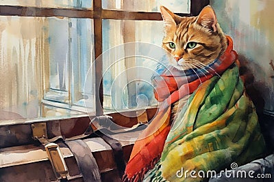 Cat in a scarf by the window. Anthropomorphic animals. Generative AI Stock Photo