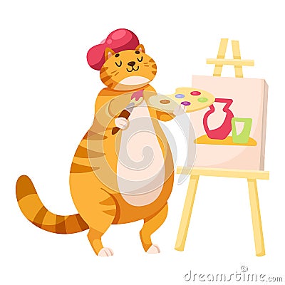 Cat at School Paint with Brush and Drawing Easel Have Lesson and Education Vector Illustration Vector Illustration