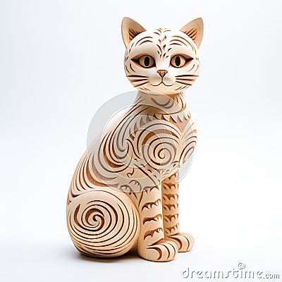 Handmade Wood Cat Model With Spirals And Densely Patterned Imagery Stock Photo