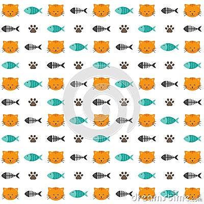 Cat seamless pattern, cute kitten fish, and fishbone, cartoon background, vector, illustration Vector Illustration