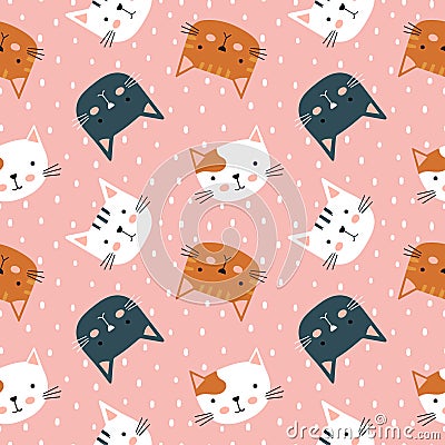 Cat seamless pattern. Cute variety of kittens. Children s characters in a simple hand-drawn naive cartoon in the Vector Illustration