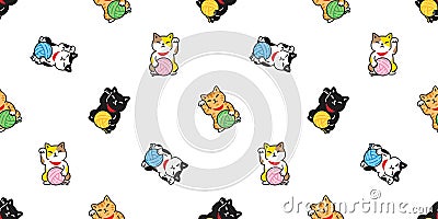 cat seamless pattern manekineko kitten vector lucky cat yarn ball japan calico neko munchkin pet cartoon doodle Vector Illustration