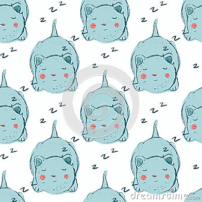 Cat seamless pattern. Small cat sleeping. Blue kitty Vector Illustration