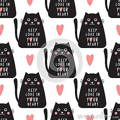 Cat seamless pattern with text keep love in your heart in geometric style Vector Illustration