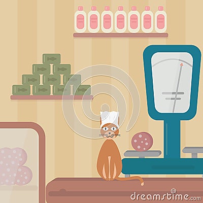 Cat seller, cat sells sausages Vector Illustration