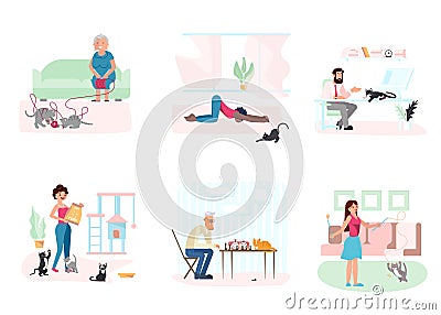 Set of cat owners characters and cute domestic animals Cartoon Illustration