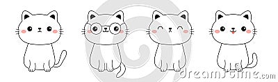 Cat set. Sitting kitten in glasses, sleeping, happy kitty. Face line contour silhouette icon. Funny kawaii smiling doodle animal. Vector Illustration