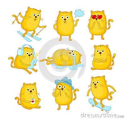Cat set of stickers. Ginger cat. Mascot character. Music headphones. Detective look. Love coffee. Active lifestyle pet Cartoon Illustration
