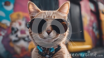 cat in the shop A whimsical Scottish Straight cat with funky sunglasses, Stock Photo