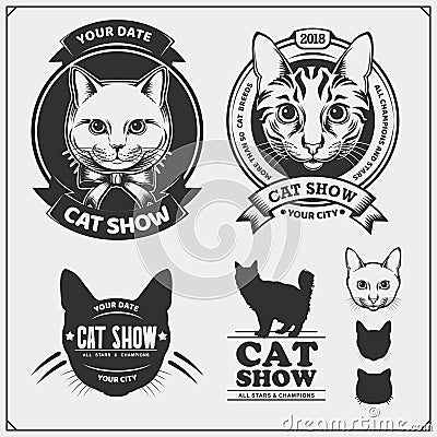 Cat Show emblems, labels, badges and design elements. Cute friendly pets characters. Vector Illustration