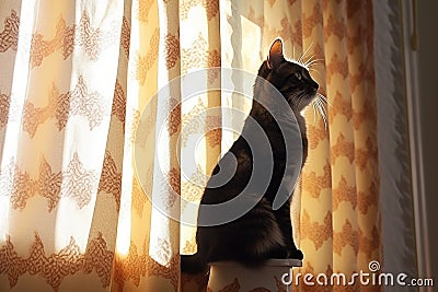 cat silhouette climbing curtain in a sunlit room Stock Photo