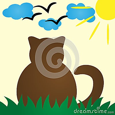 Cat Silhouette rear view. Cat peacefully resting in the grass. C Vector Illustration