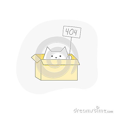 Cat sits in a box with a 404 sign. Page or file not found, connection error. Vector Illustration