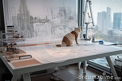 cat sits on drafting table, sketching out the design for a futuristic skyscraper Stock Photo