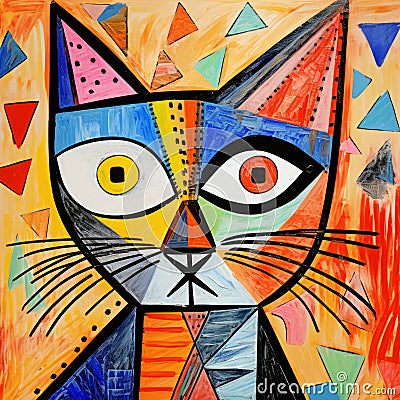 Colorful Picasso-inspired Cat Painting With Dynamic Symmetry Stock Photo