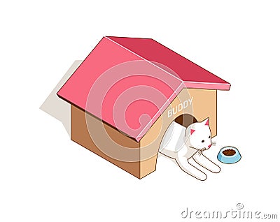 Cat sits in the cat house in front of a bowl of food Vector Illustration