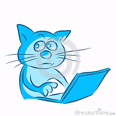 The cat sits secretly at the computer. Cartoon Illustration