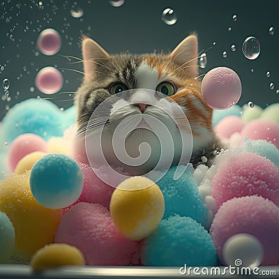 a cat sitting in a bath filled with soap bubbles and bubbles floating around it's head and eyes, wit Stock Photo