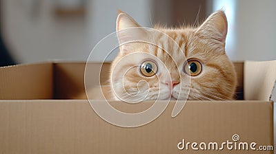 A cat sitting in a cardboard box with its eyes peeking out, AI Stock Photo