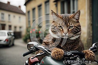 the cat is sitting on the heavy motorcycle like a motorcyclist Stock Photo