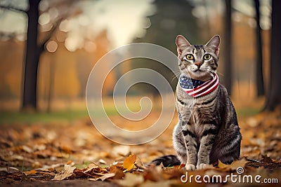 Cat Sitting on Bed of Fallen Leaves in Park with USA Flag Bandana Stock Photo