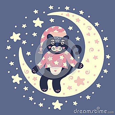 The cat is sitting on the moon. Cute character. Vector Illustration