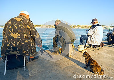 The cat is sitting near the fishermen waiting for fish. Editorial Stock Photo