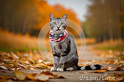 A Cat Sitting on Autumn Leaves Path with UK Flag Bandana Stock Photo