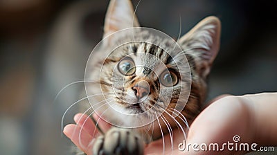 A cat is sitting on a persons hand with its eyes open, AI Stock Photo